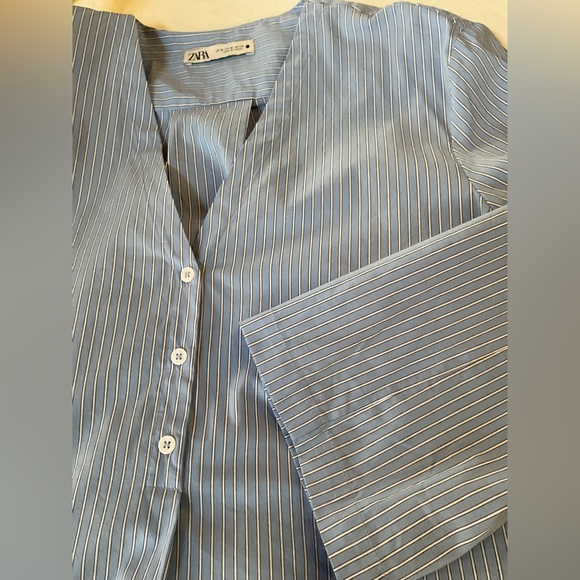 ZARA BLUE WHITE STRIPE COTTON BLEND V NECK POPLIN BLOUSE  WITH VENTS SIZE M - Picture 11 of 11